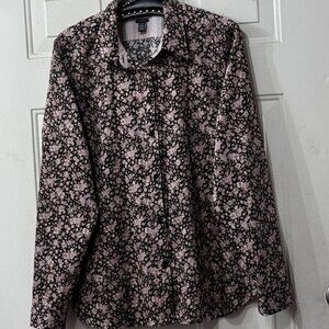 Chaps No-Iron Sz XL Blouse Button Up Long Sleeve Black/Multi Floral